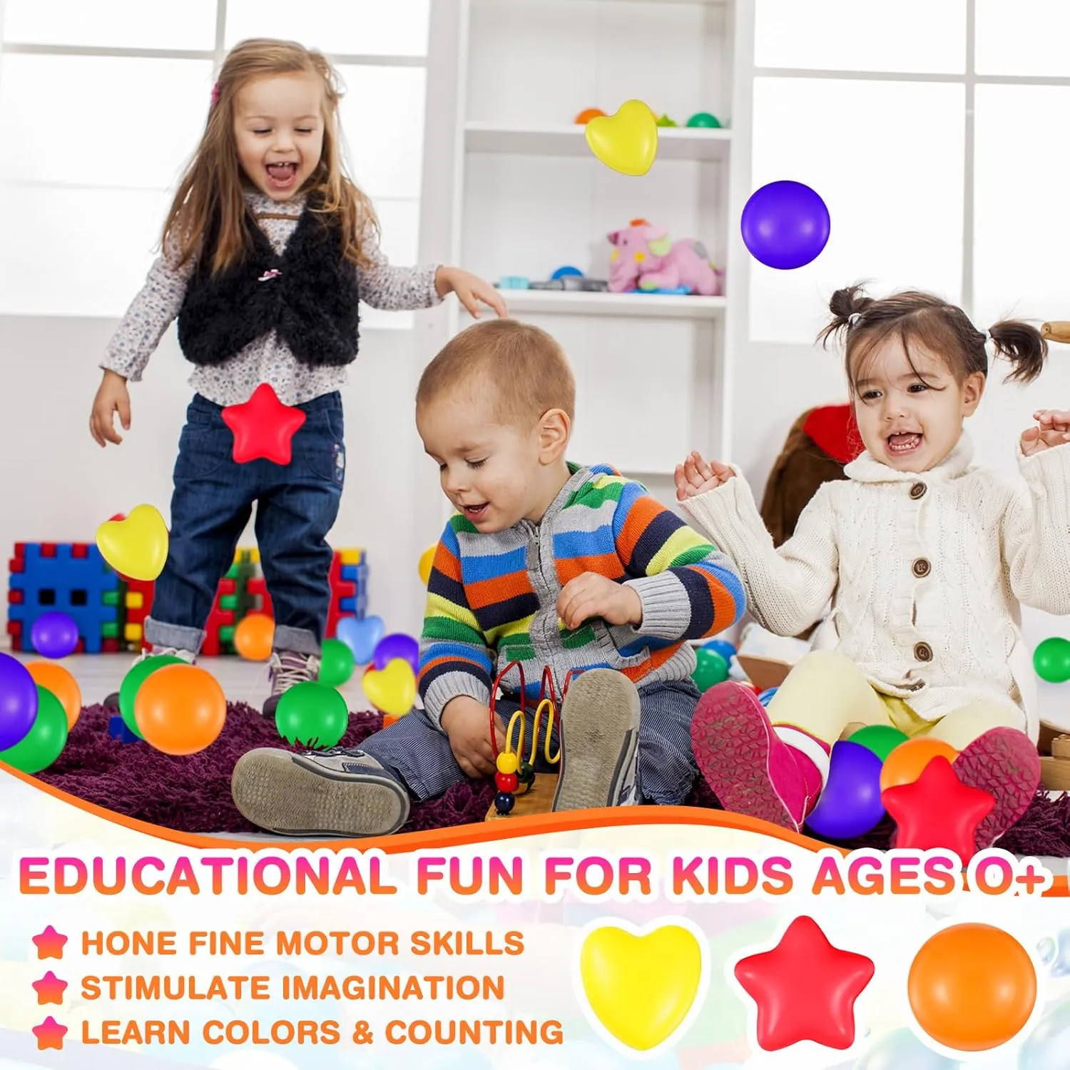 100 Pieces Pit Balls for Kids Star Heart Shape Plastic Balls for Toddler Playpen 2.17'' Play Toy for Crawl Tunnel Inflatable Pool Birthday Party Decoration