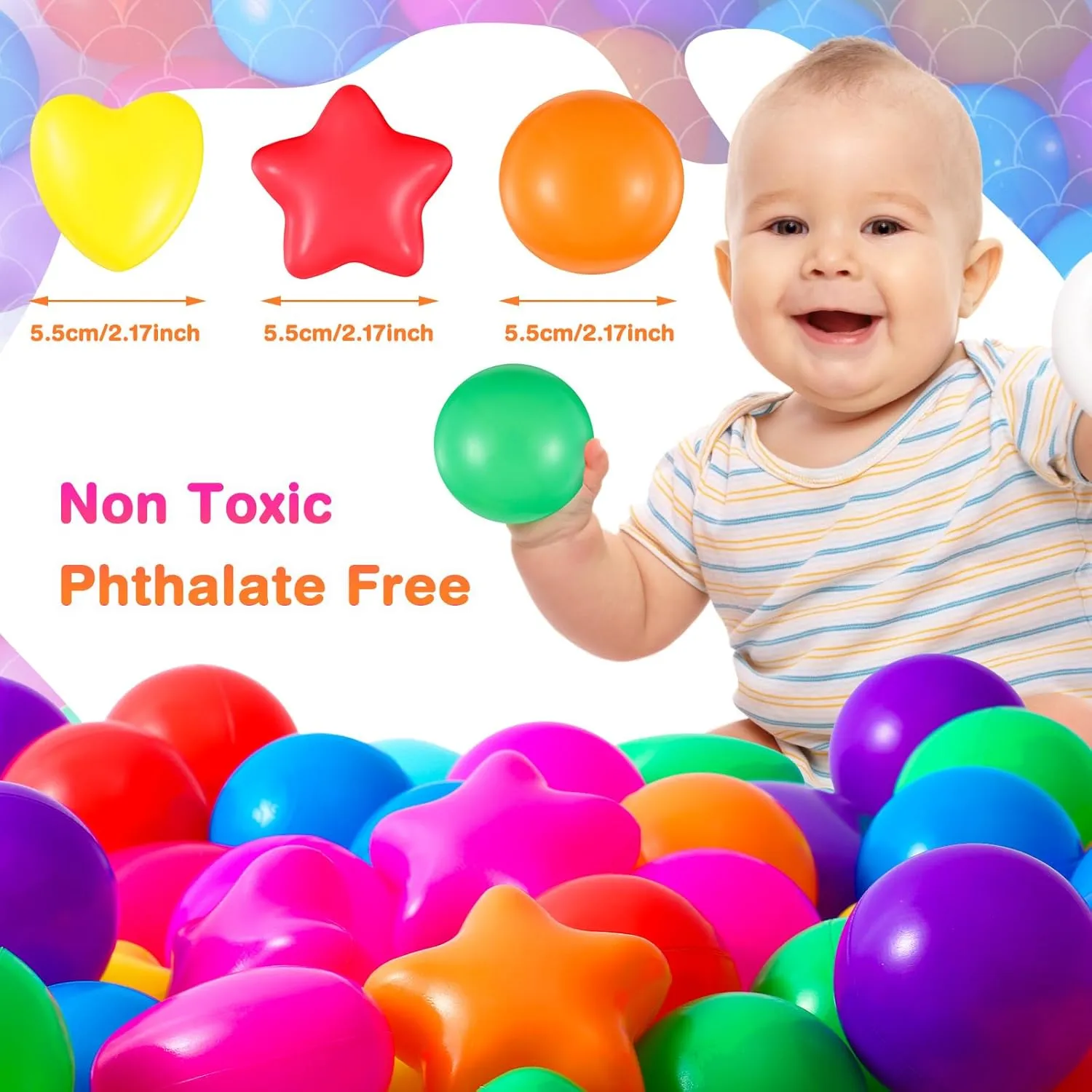 100 Pieces Pit Balls for Kids Star Heart Shape Plastic Balls for Toddler Playpen 2.17'' Play Toy for Crawl Tunnel Inflatable Pool Birthday Party Decoration