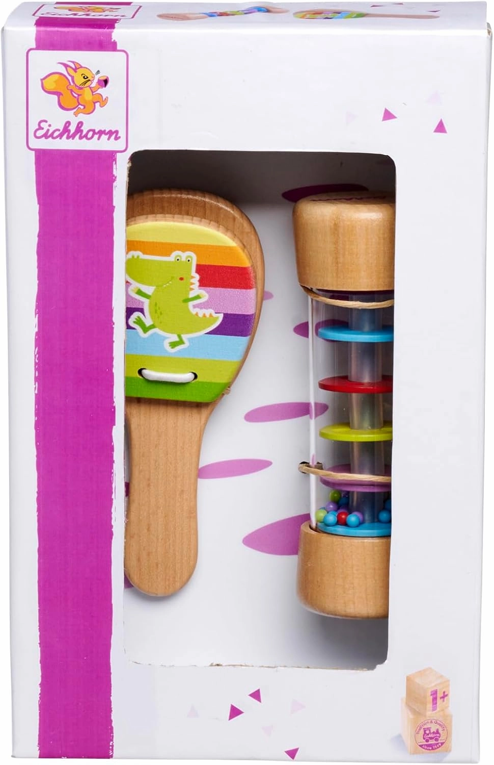 100003491 music set rattle consisting of rainmaker and chestnut set, colourful music toy made from 100% FSC certified beech wood, from 2 years