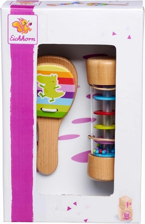 100003491 music set rattle consisting of rainmaker and chestnut set, colourful music toy made from 100% FSC certified beech wood, from 2 years