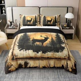 100% Cotton Wild Deer Duvet Cover Full Size 3 Pcs Watercolor Pine Trees Wild Animal Bedding Set for Kids Teens Adults Vintage Wooden Stripes Jungle Cabin Quilt Cover,2 Pillowcases(No Comforter)
