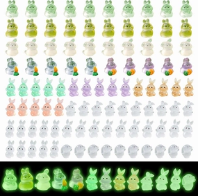 100Pcs Luminous Mini Resin Bunny 13 Styles Tiny Animals Rabbit Glow in The Dark Miniature Resin Rabbit for DIY Fish Tank Potted Micro Dollhouse Easter Party Decorations