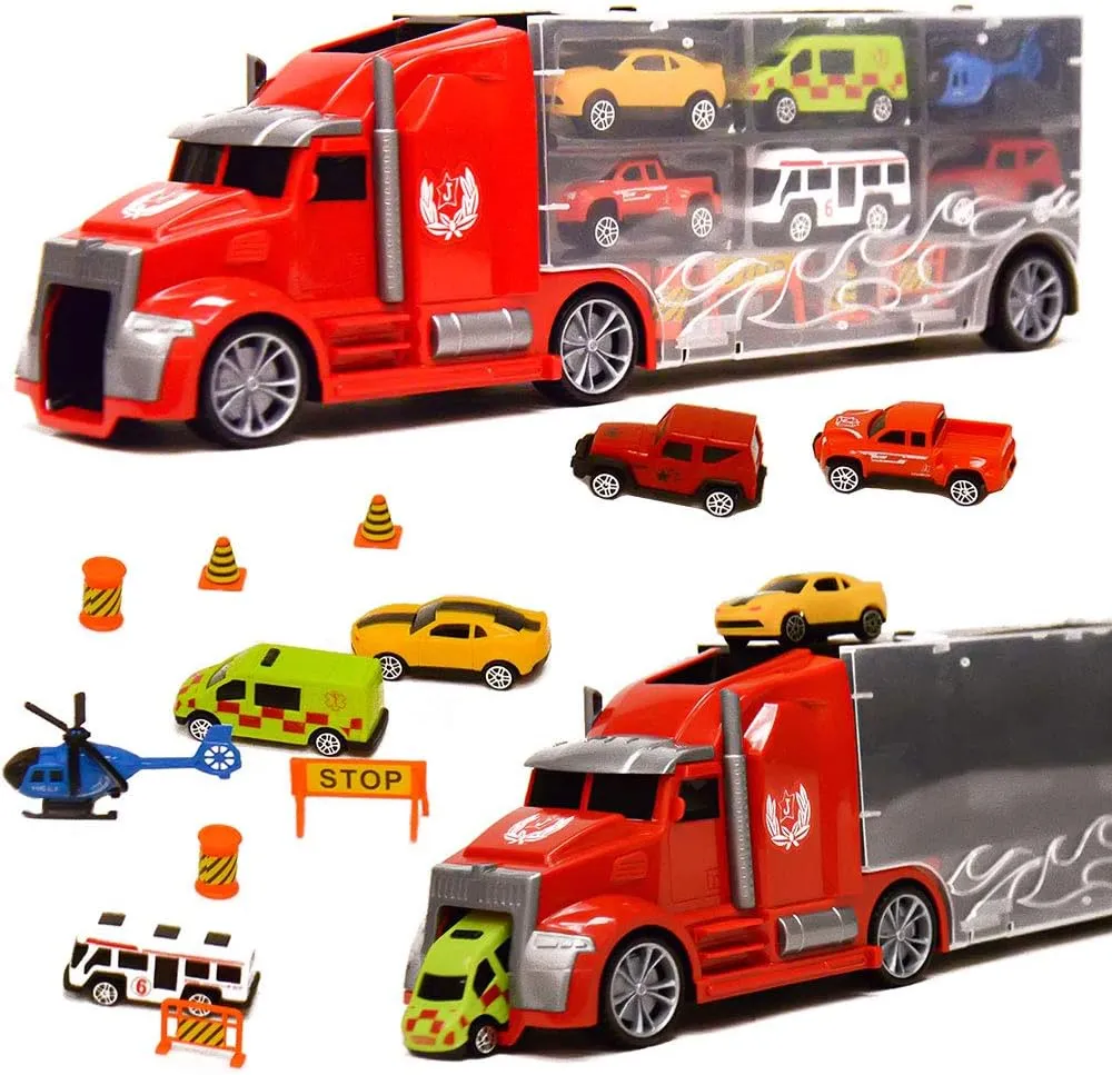 11 in 1 Die Cast Trailer Truck Set Pull Back Play Vehicles in Carrier Truck for Boys Girls