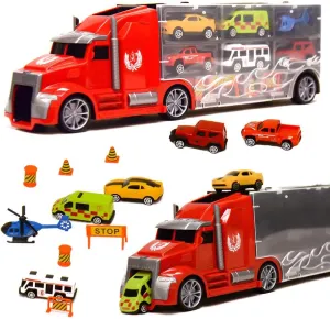 11 in 1 Die Cast Trailer Truck Set Pull Back Play Vehicles in Carrier Truck for Boys Girls