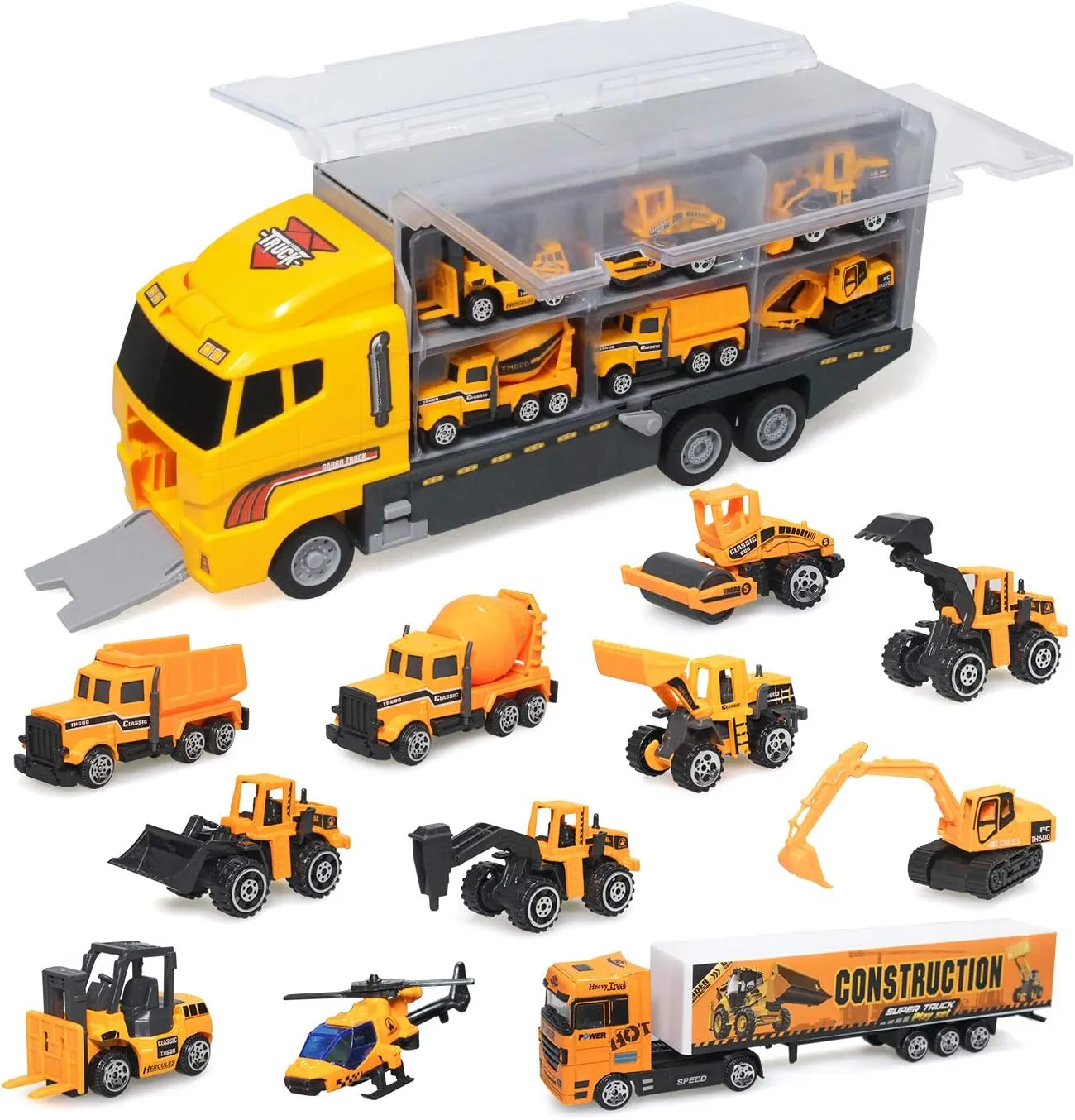 11 in 1 Mini Die-Cast Truck Vehicle Car Toy Set in Carrier Truck, Gifts for 3  Years Old Kids Boys Girls