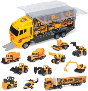 11 in 1 Mini Die-Cast Truck Vehicle Car Toy Set in Carrier Truck, Gifts for 3  Years Old Kids Boys Girls