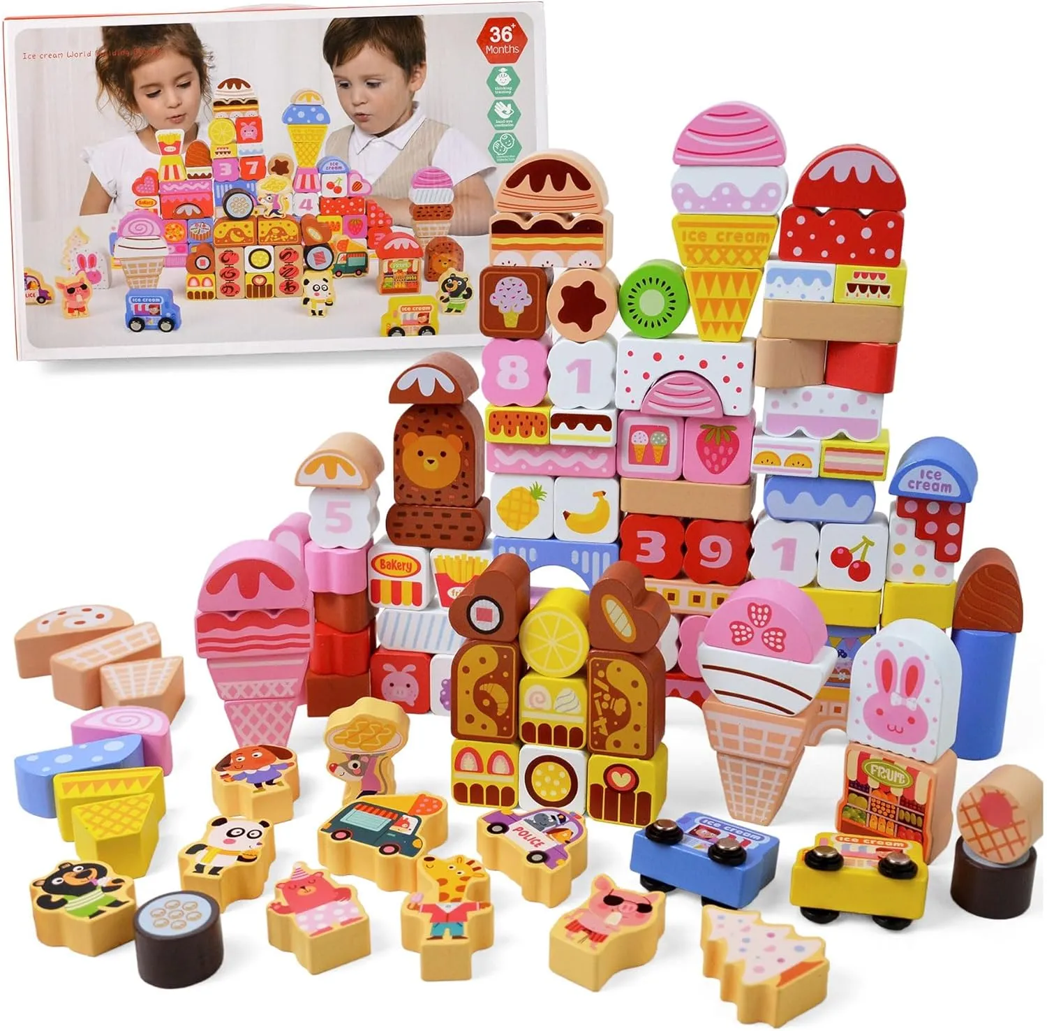 116PCS Wooden Ice Cream Building Blocks – Montessori Summer Toy for Girls Ages 3‑8 – Educational Pink Pretend-Play Stacking Set & Gift