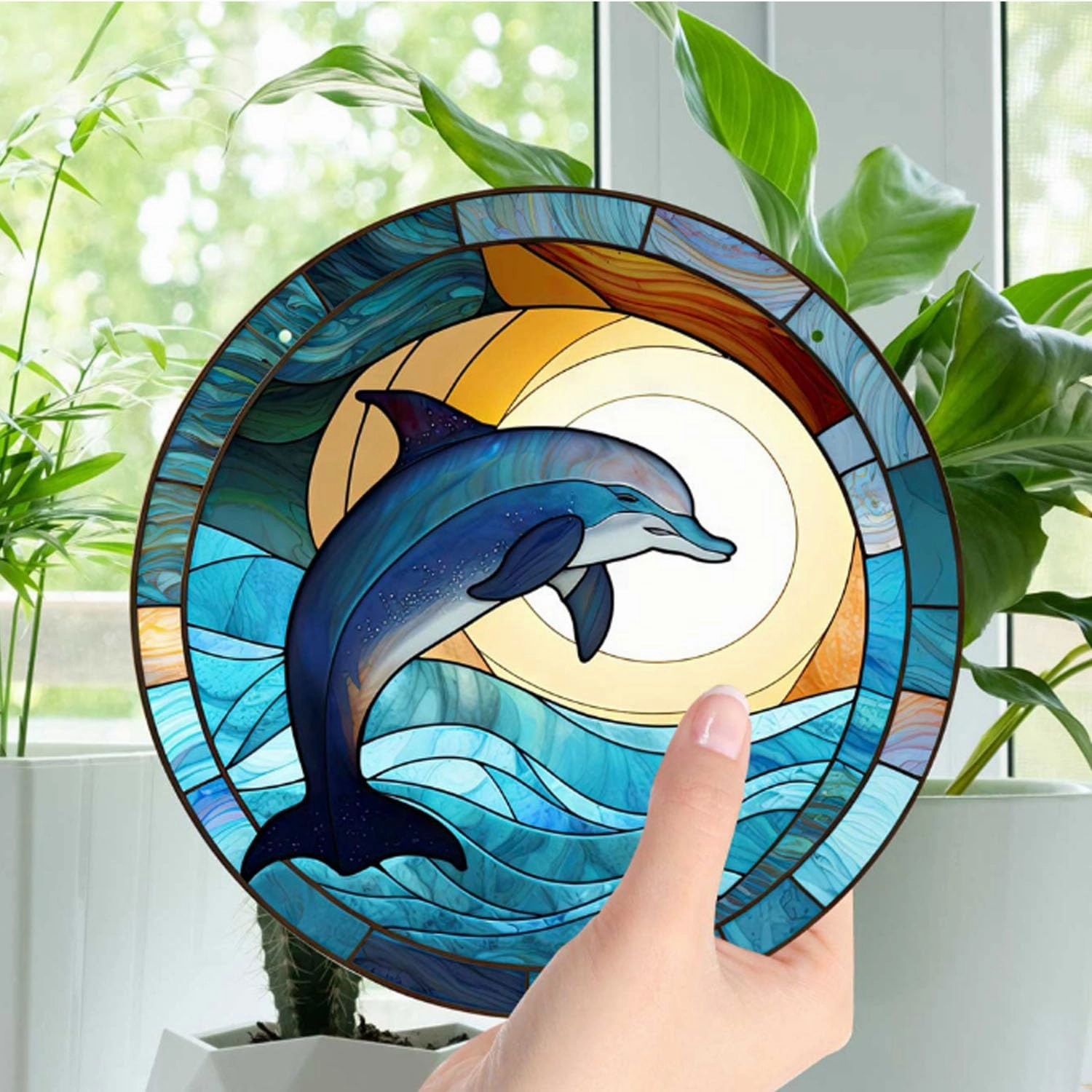 11.8'' Dolphin Acrylic Window Hangings, Ocean Stained Draw Wall Decor Dolphin Decor for Indoor Outdoor Home Bedroom Decoration (Dolphin)