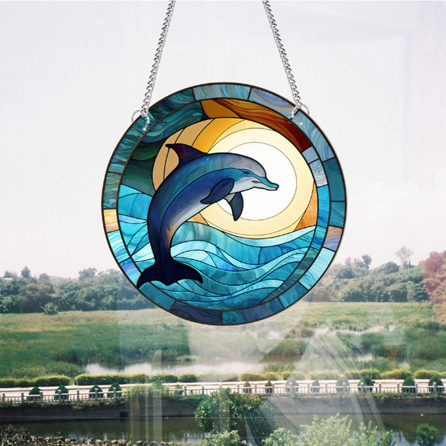 11.8'' Dolphin Acrylic Window Hangings, Ocean Stained Draw Wall Decor Dolphin Decor for Indoor Outdoor Home Bedroom Decoration (Dolphin)