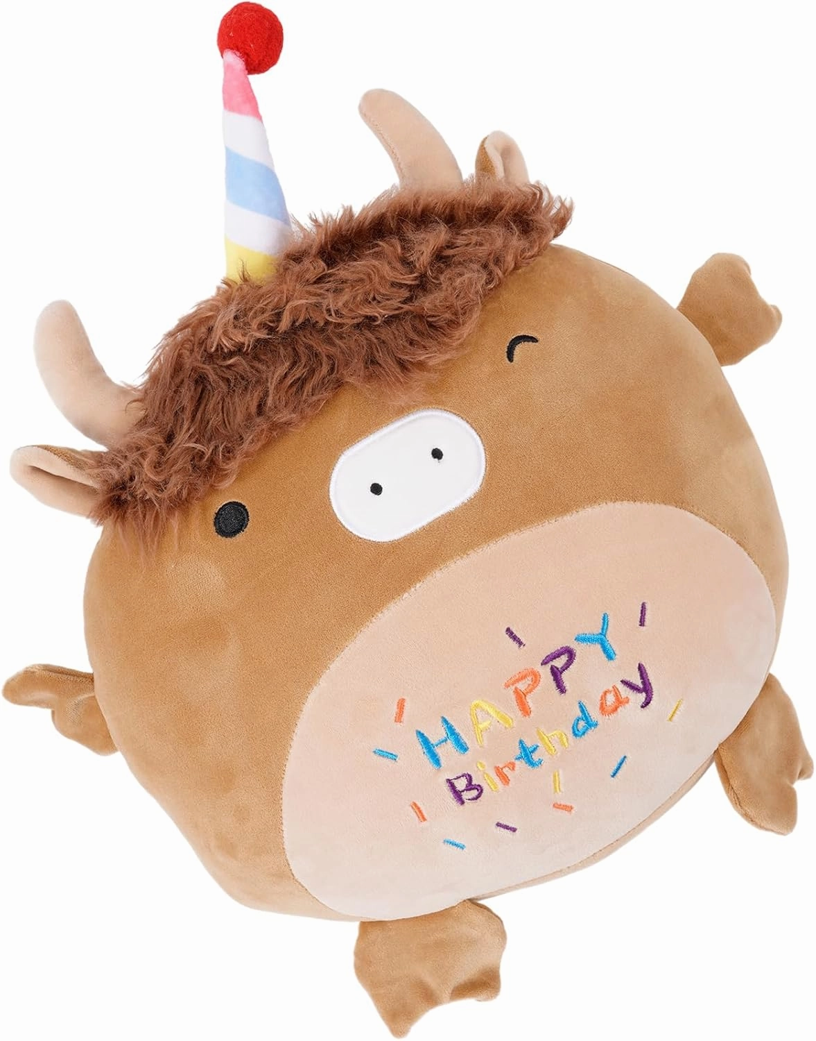 12 Inch Happy Birthday Highland Cow Plush Hugging Pillow - Cute Animal Plushies Toys, Brown Fluffy Scottish Cow Stuffed Animals Gift for Kids and Lovers