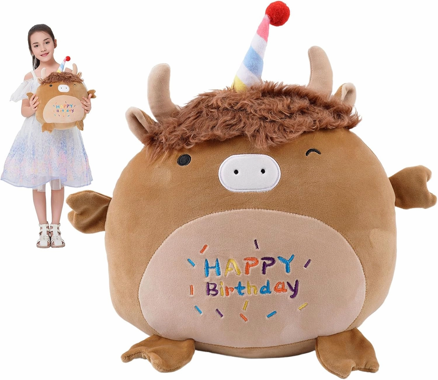 12 Inch Happy Birthday Highland Cow Plush Hugging Pillow - Cute Animal Plushies Toys, Brown Fluffy Scottish Cow Stuffed Animals Gift for Kids and Lovers