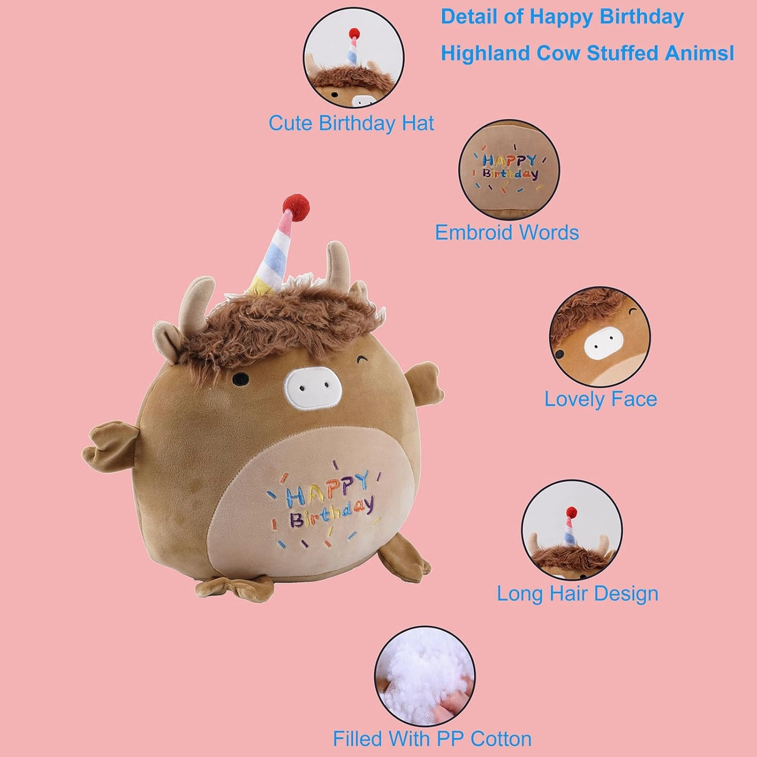 12 Inch Happy Birthday Highland Cow Plush Hugging Pillow - Cute Animal Plushies Toys, Brown Fluffy Scottish Cow Stuffed Animals Gift for Kids and Lovers
