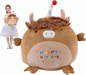 12 Inch Happy Birthday Highland Cow Plush Hugging Pillow - Cute Animal Plushies Toys, Brown Fluffy Scottish Cow Stuffed Animals Gift for Kids and Lovers