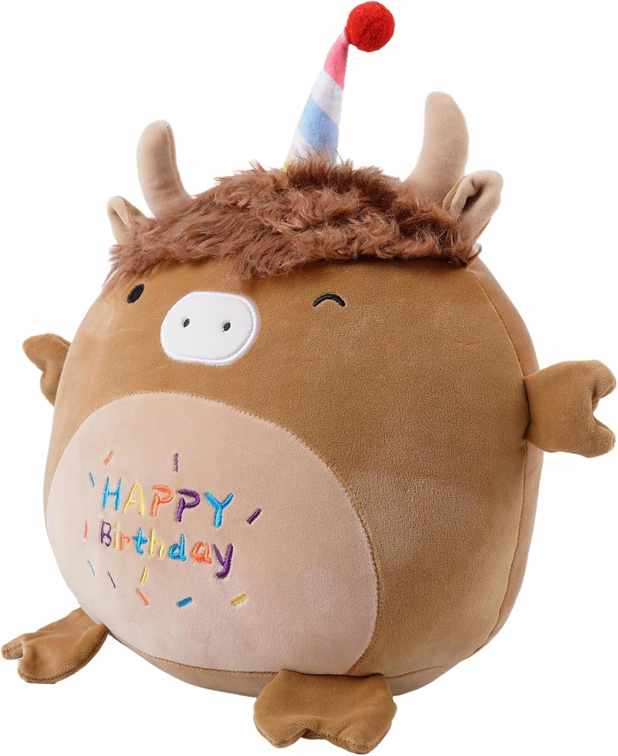12 Inch Happy Birthday Highland Cow Plush Hugging Pillow - Cute Animal Plushies Toys, Brown Fluffy Scottish Cow Stuffed Animals Gift for Kids and Lovers