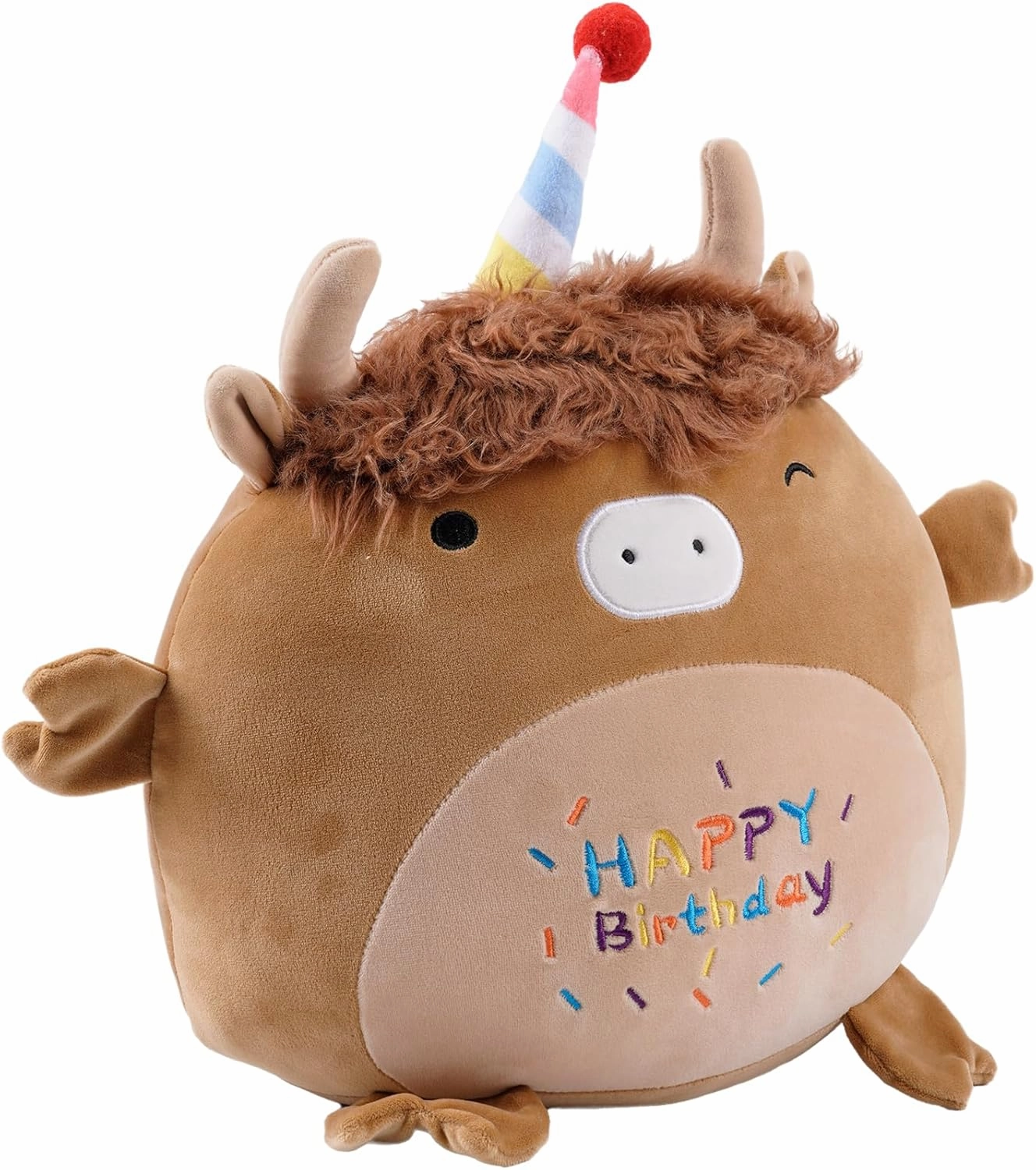 12 Inch Happy Birthday Highland Cow Plush Hugging Pillow - Cute Animal Plushies Toys, Brown Fluffy Scottish Cow Stuffed Animals Gift for Kids and Lovers