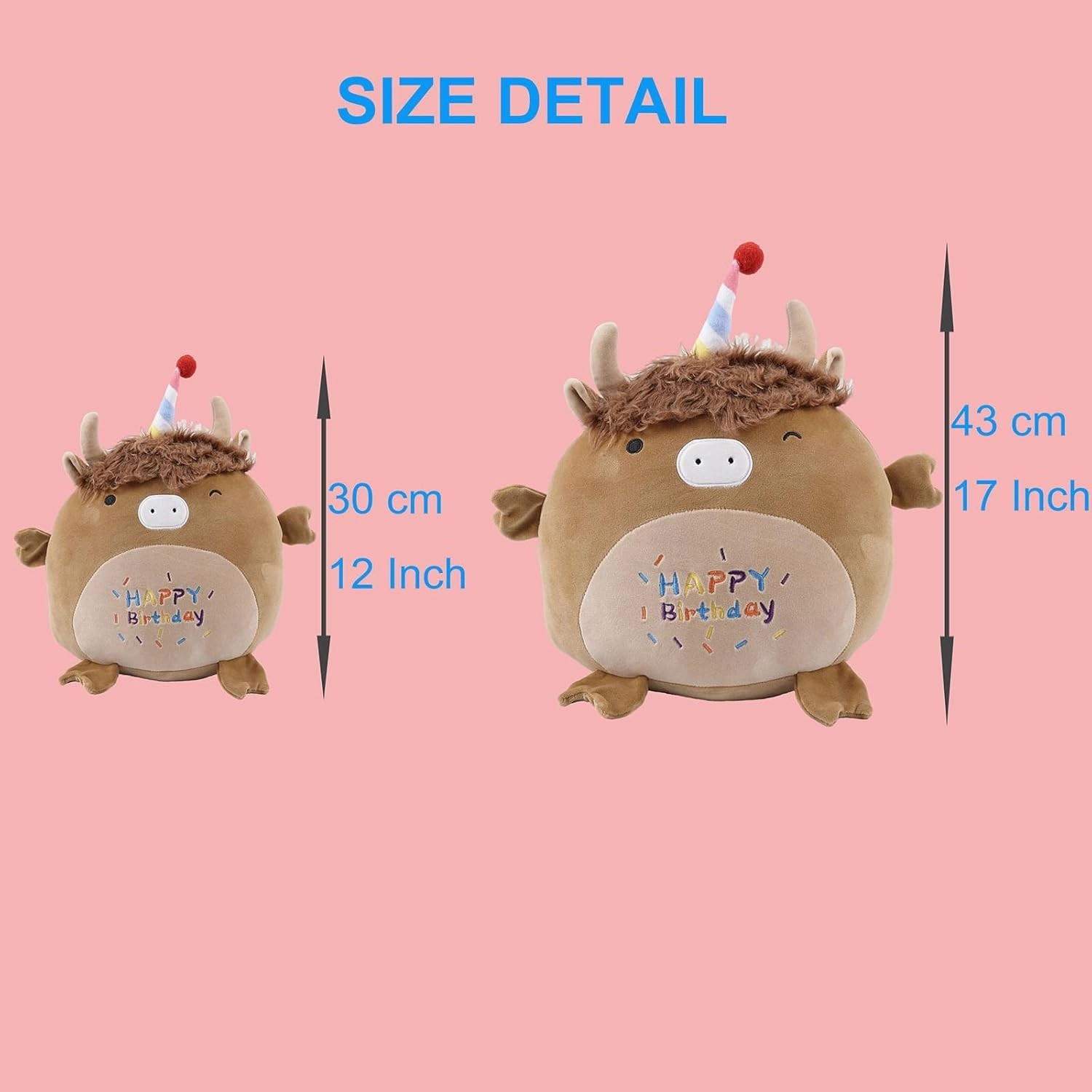 12 Inch Happy Birthday Highland Cow Plush Hugging Pillow - Cute Animal Plushies Toys, Brown Fluffy Scottish Cow Stuffed Animals Gift for Kids and Lovers