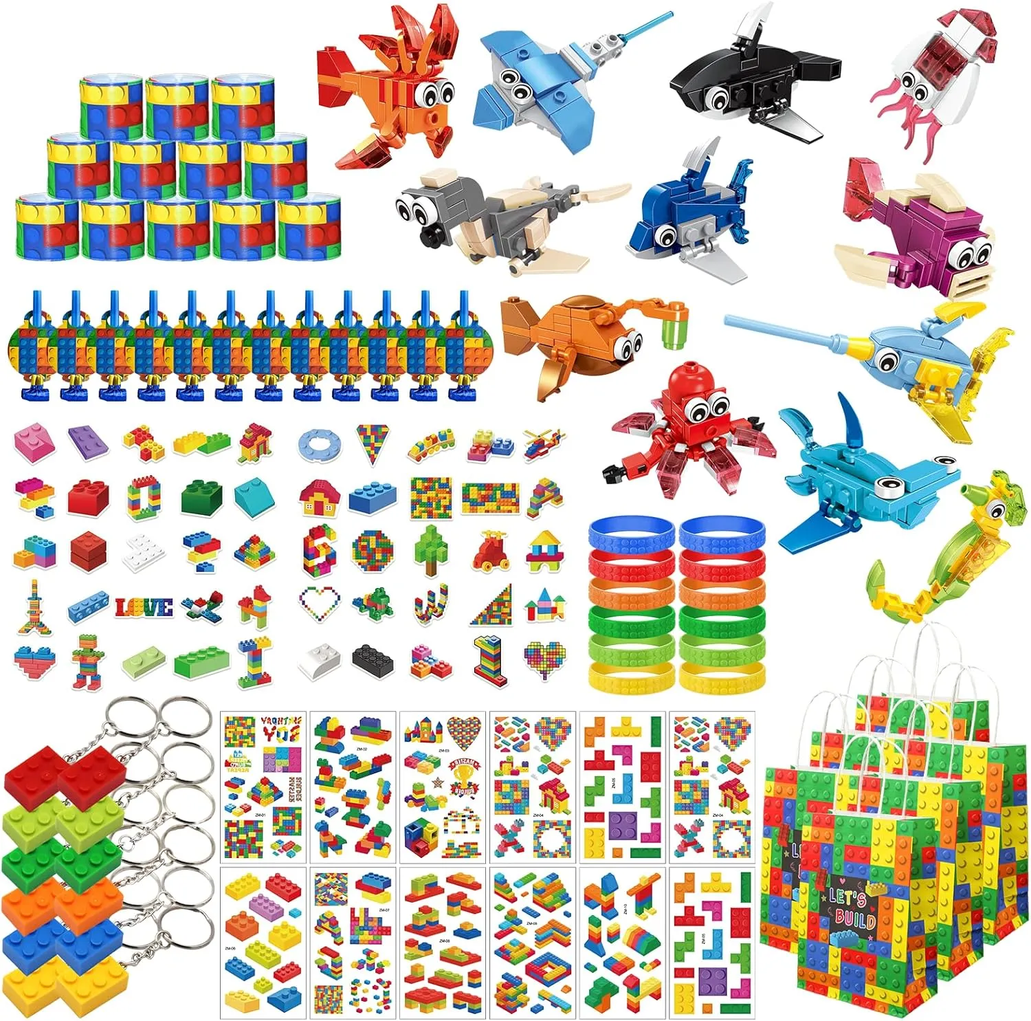 134 Pcs Building Blocks Party Favors with Temporary Tattoo Gift Bag Sticker for Kids Boys Girls Ages 6-12 , Marine Animals Toy Birthday Party Supplies Gifts Classroom Prize Goodie Bags Fillers