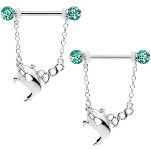 14 Gauge 5/8 UV Ball Boo Ghost Halloween Chain Dangle Nipple Ring Set