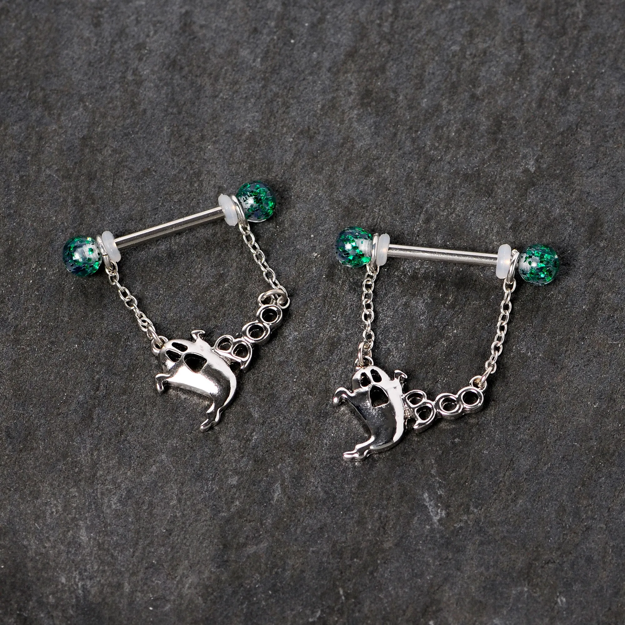 14 Gauge 5/8 UV Ball Boo Ghost Halloween Chain Dangle Nipple Ring Set