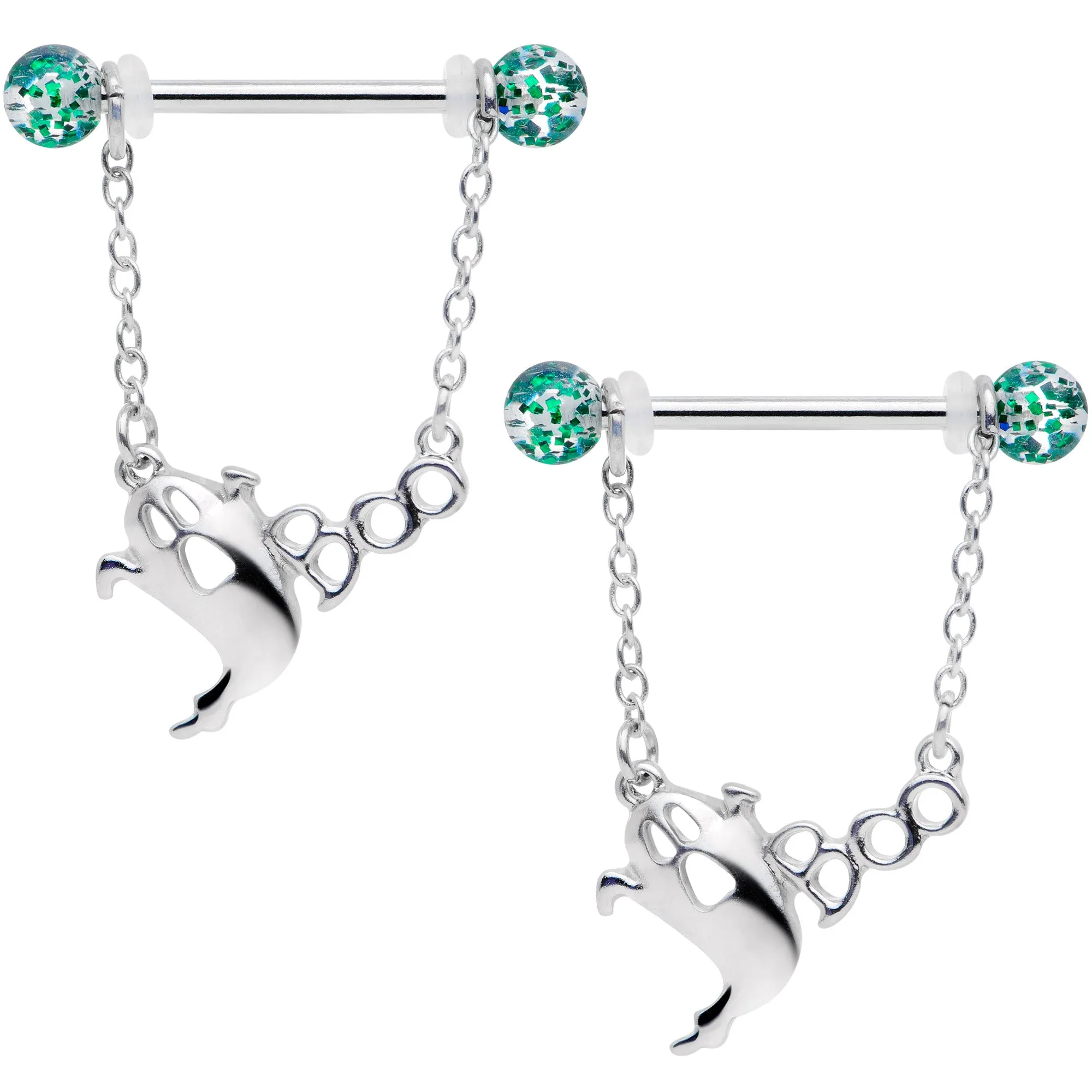 14 Gauge 5/8 UV Ball Boo Ghost Halloween Chain Dangle Nipple Ring Set