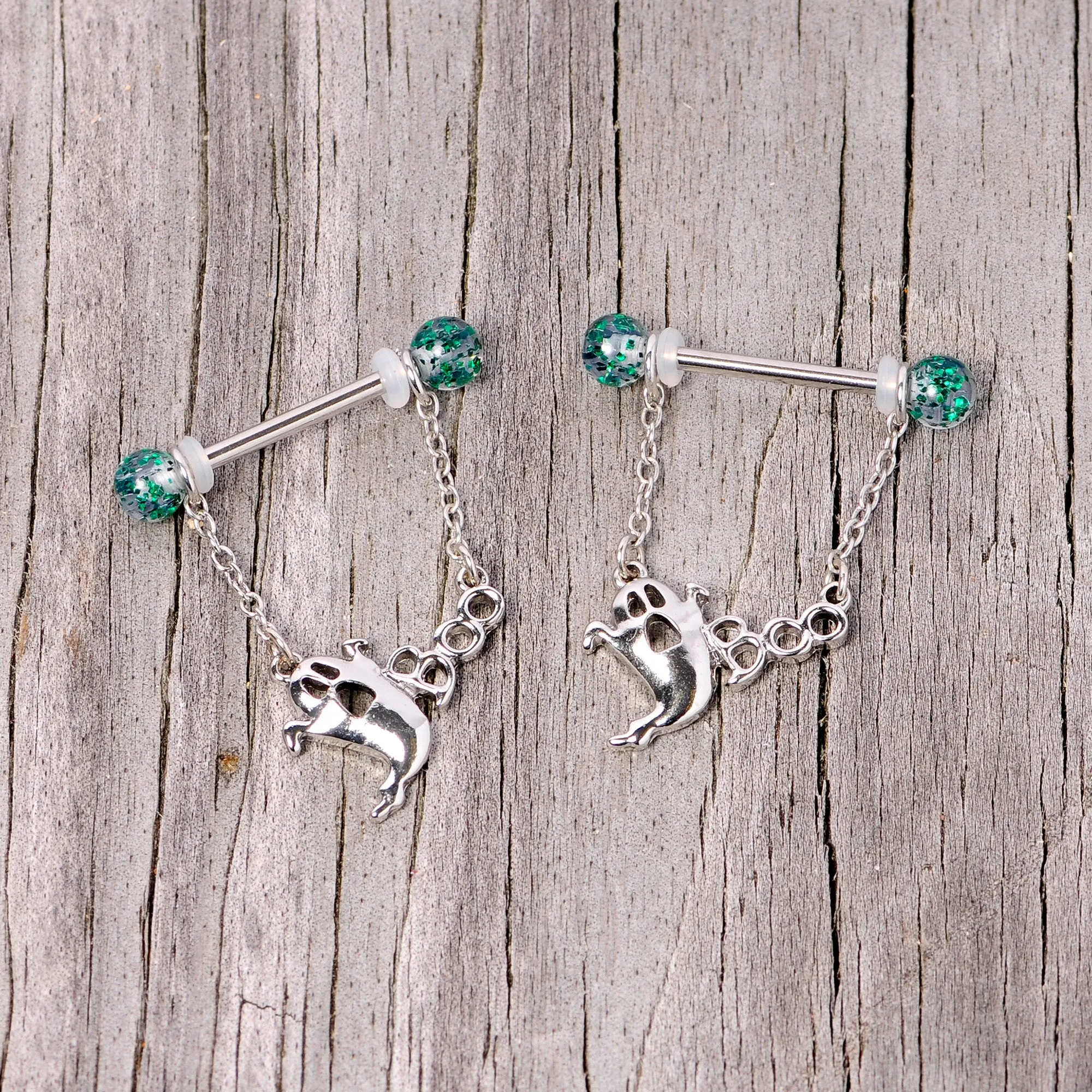 14 Gauge 5/8 UV Ball Boo Ghost Halloween Chain Dangle Nipple Ring Set