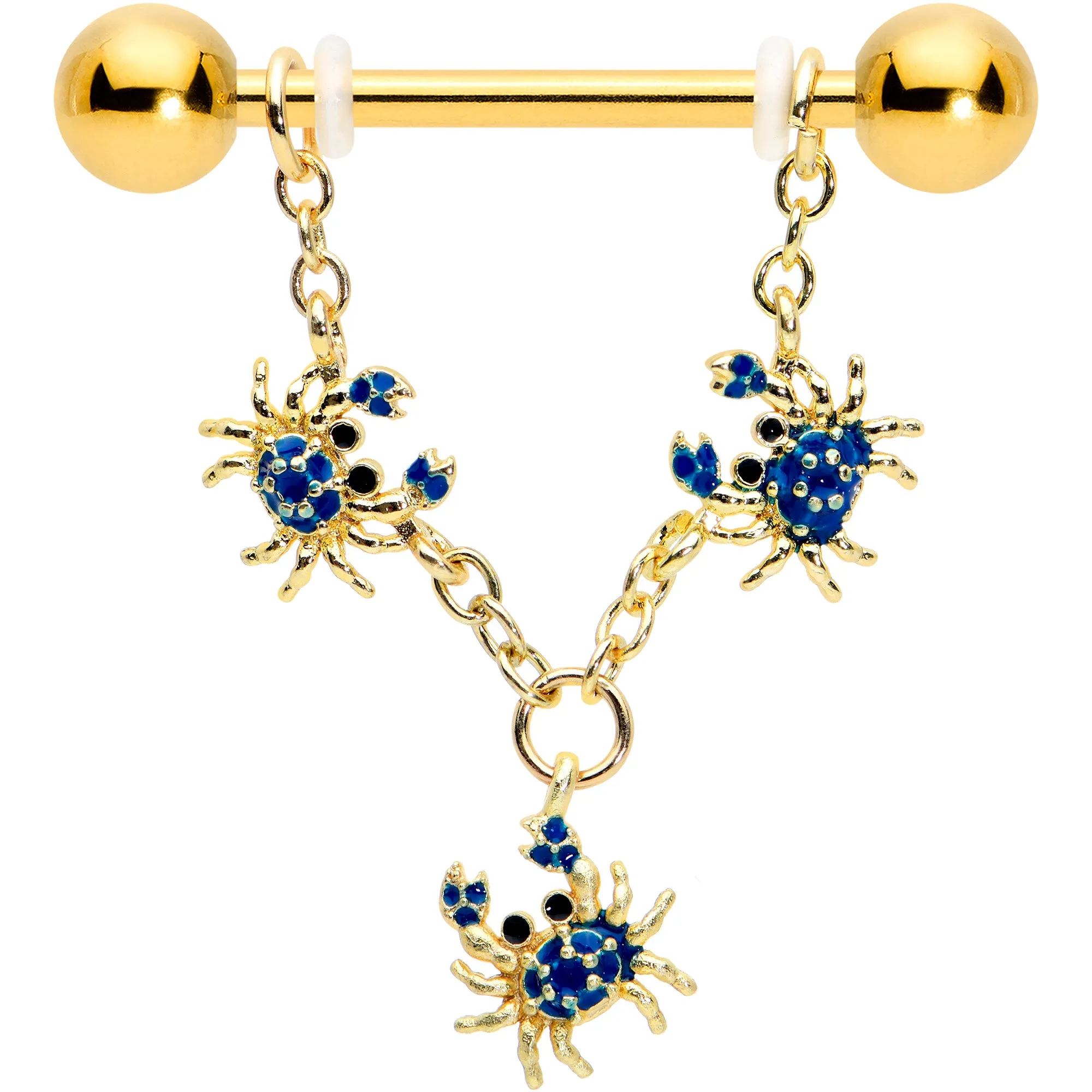 14 Gauge 9/16 Black Gem Gold Tone Blue Crab Dangle Nipple Ring Set