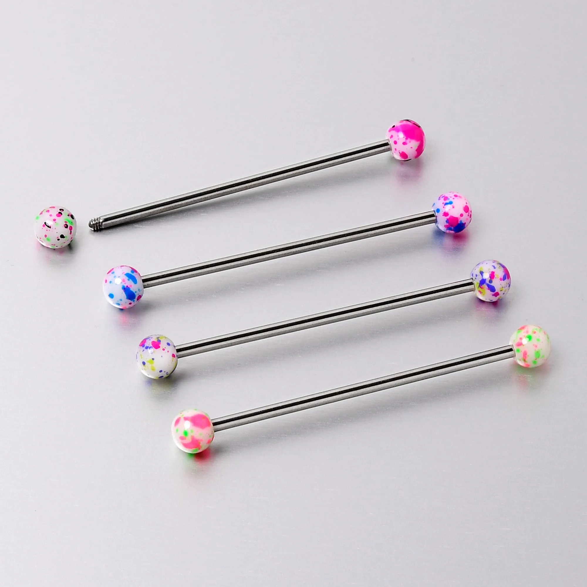 14 Gauge Splatter Pink White Purple Industrial Barbell 38mm Set of 4