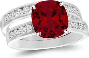 1.45 Carat Classic Channel Set Wedding Set Bridal Band & Diamond Engagement Ring 14K Gold with a 0.75 Carat Cushion Cut AAA Quality Ruby (Heirloom Quality)