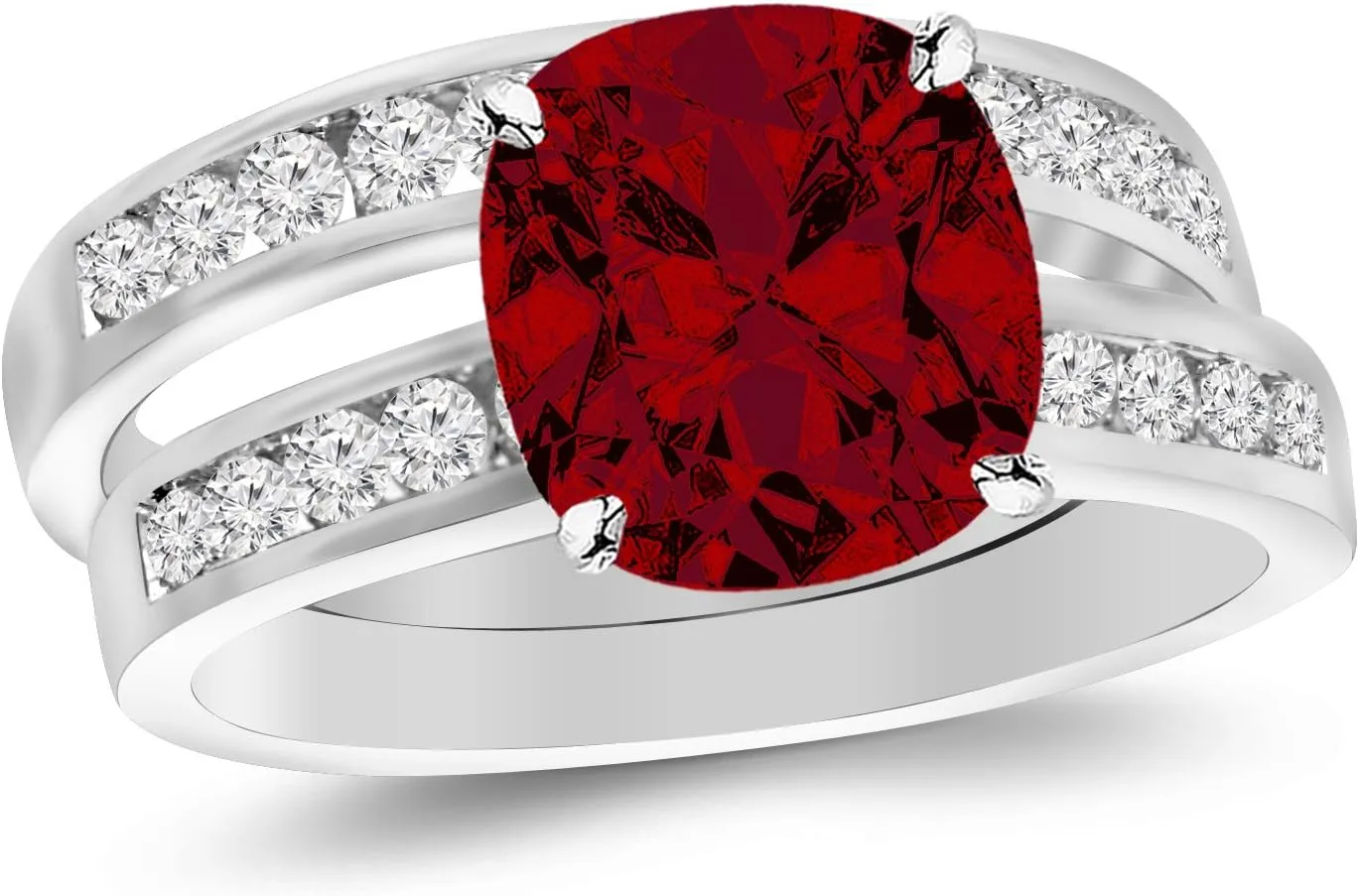 1.45 Carat Classic Channel Set Wedding Set Bridal Band & Diamond Engagement Ring 14K Gold with a 0.75 Carat Cushion Cut AAA Quality Ruby (Heirloom Quality)