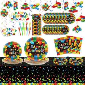 146Pcs Building Block Birthday Party Supplies Set Paper Plates Napkins Tablecloths Hanging Swirls Colorful Brick Building Blocks Birthday Party Decorations Favors for Kids Boys Girls, Serve 24