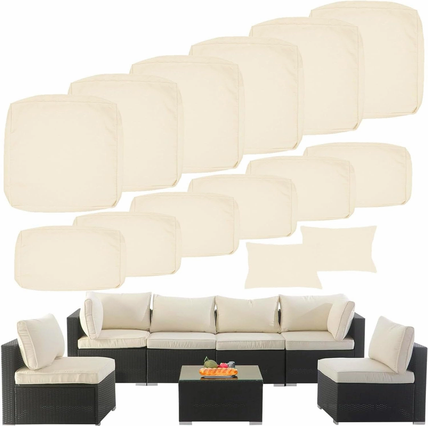 14 Piece Outdoor Patio Cushion Cover Replacement, Waterproof Patio Cushion Covers, Outdoor Furniture Cushion Covers Set for 6 Seat Wicker Rattan Sofa (Beige, 25.6 * 25.6 * 4 inch)