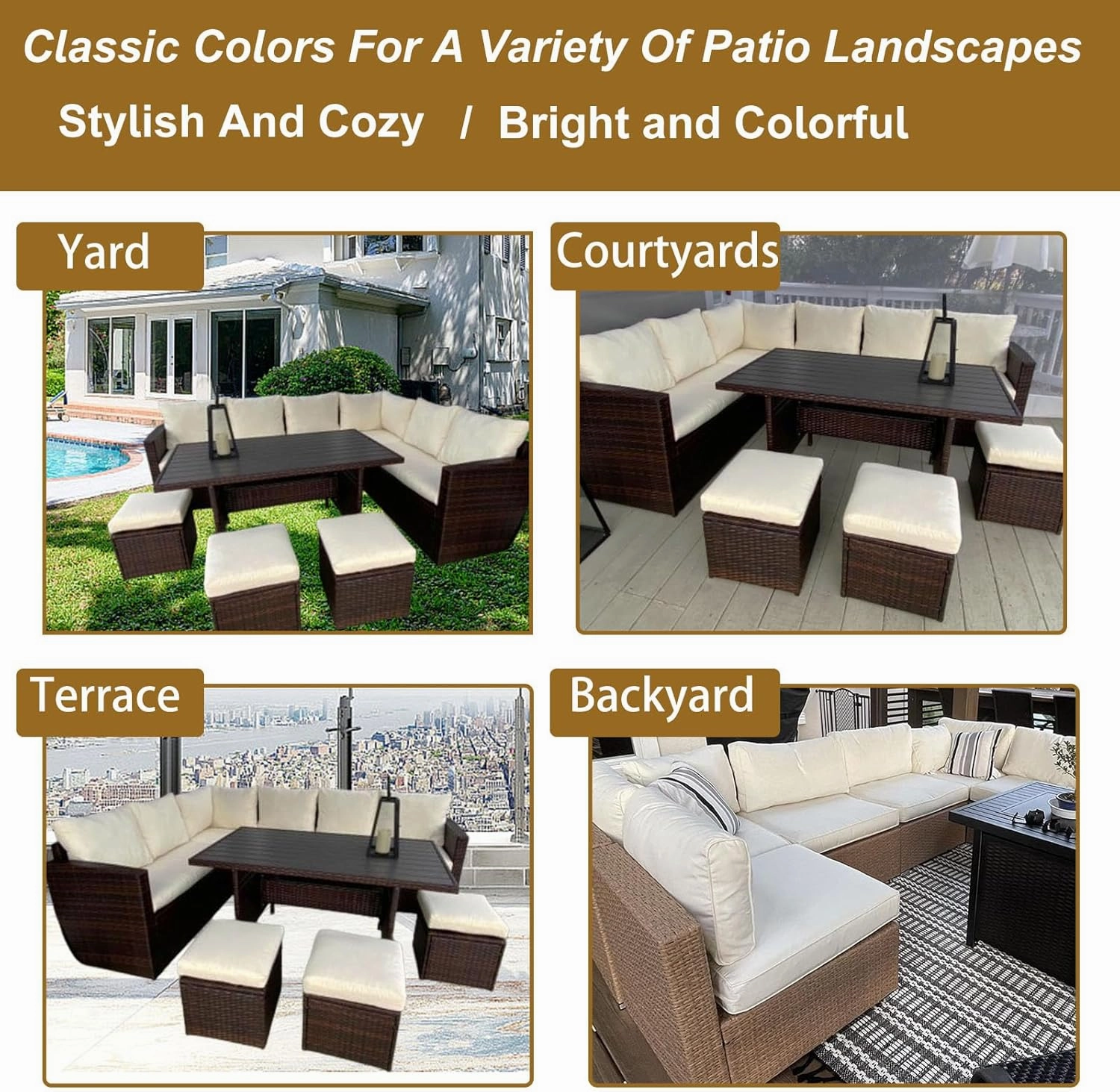 14 Piece Outdoor Patio Cushion Cover Replacement, Waterproof Patio Cushion Covers, Outdoor Furniture Cushion Covers Set for 6 Seat Wicker Rattan Sofa (Beige, 25.6 * 25.6 * 4 inch)