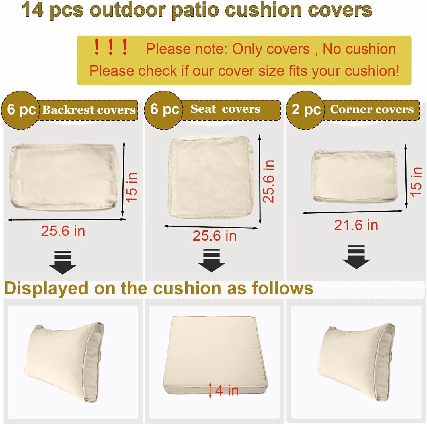 14 Piece Outdoor Patio Cushion Cover Replacement, Waterproof Patio Cushion Covers, Outdoor Furniture Cushion Covers Set for 6 Seat Wicker Rattan Sofa (Beige, 25.6 * 25.6 * 4 inch)