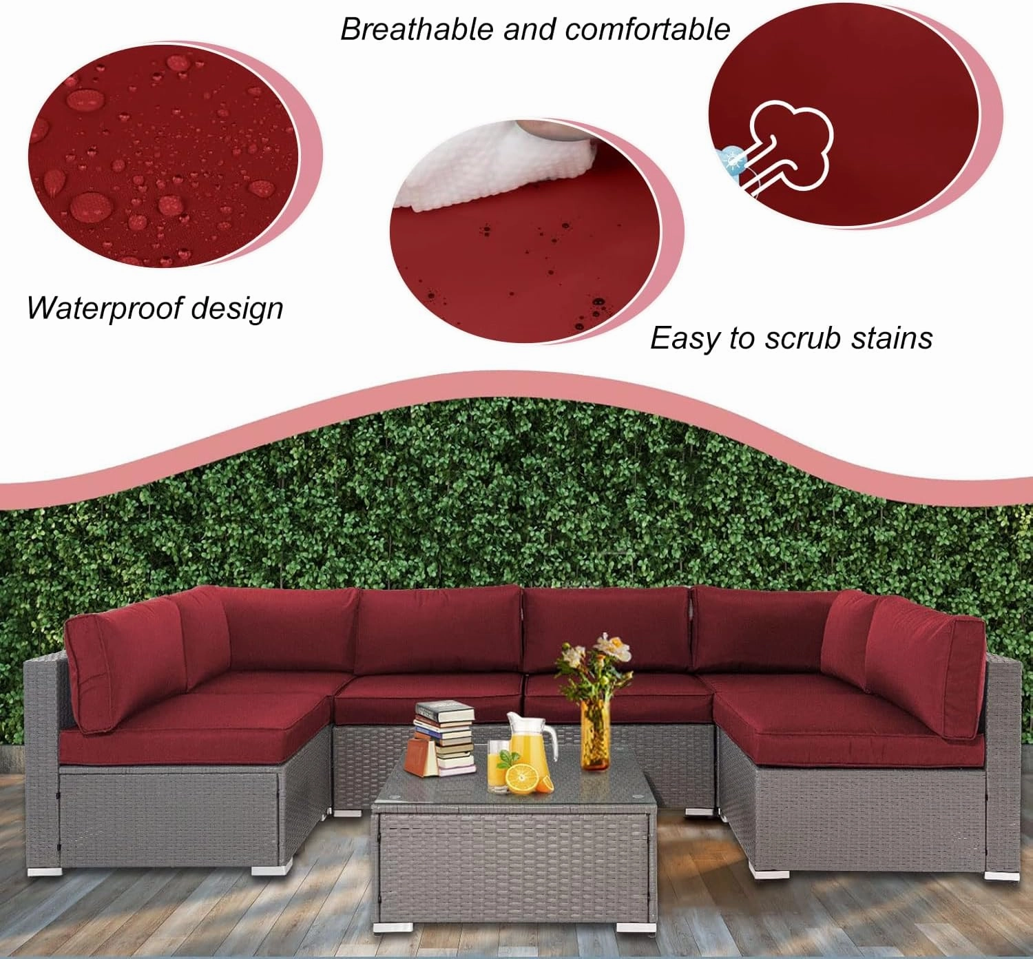 14 Piece Outdoor Patio Cushion Cover Replacement, Waterproof Patio Cushion Covers, Outdoor Furniture Cushion Covers Set for 6 Seat Wicker Rattan Sofa (Burgundy, 25.6 * 25.6 * 4 inch)