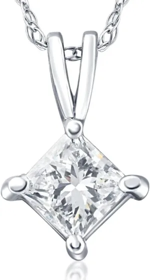 14k White or Yellow Gold 1/2Ct Princess Square Cut Solitaire Lab Grown Diamond Pendant Women's 4-Prong Brilliant Necklace With 18" 14k Gold Chain