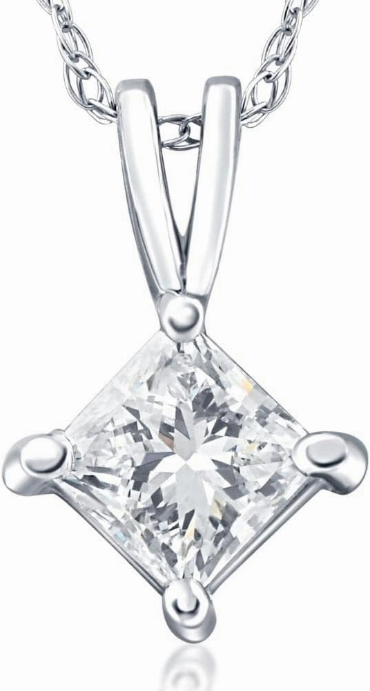14k White or Yellow Gold 1/2Ct Princess Square Cut Solitaire Lab Grown Diamond Pendant Women's 4-Prong Brilliant Necklace With 18" 14k Gold Chain
