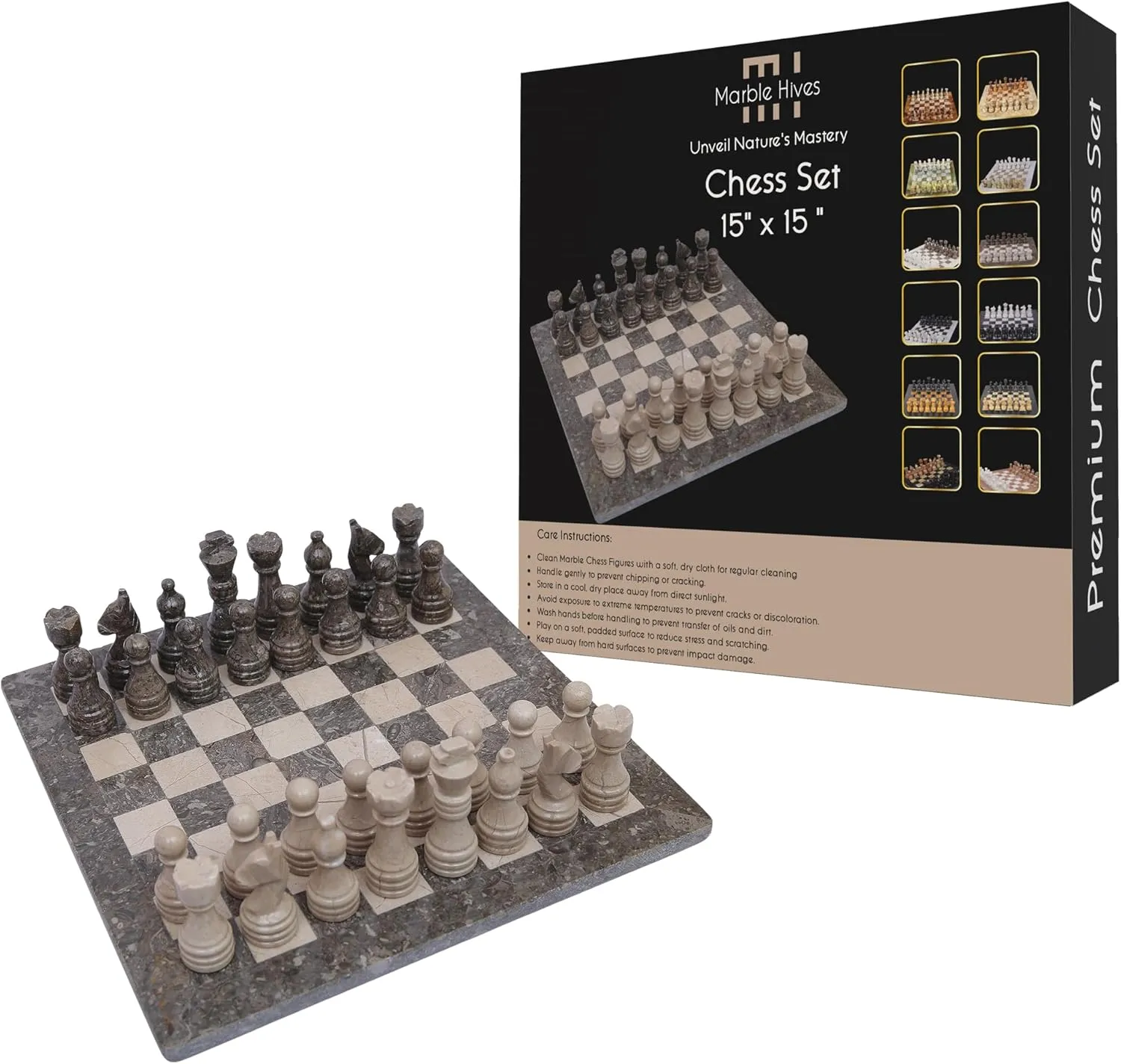 15 Inch Luxury Chess Set Classic Chess Boards for Adults with Handcrafted Stone Board & Marble Chess Pieces Ideal for Home Decor (Oceanic & Virona)