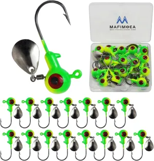 15/20/30Pcs Underspin Jig Heads with Spinner Fishing Jig Heads Hooks Set Crappie Jigs Fishing Jig Hooks Assortment Saltwater Freshwater Bass Crappie Trout Glow in The Dark…