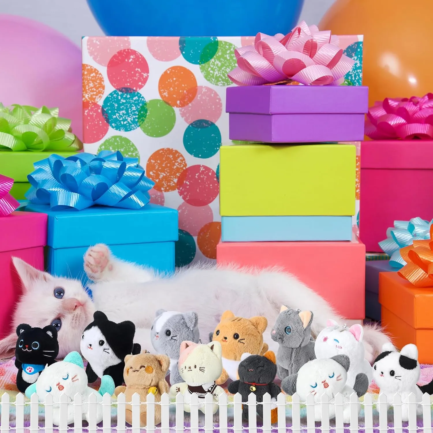 15Pcs Adopt a Pet Cat Party Favors Mini Kitten Stuffed Animals Set Includes12 Small Cat Stuffed Animals 2 White Plastic Fence 1 Sign for Adopt A Pet Party Birthday Gifts