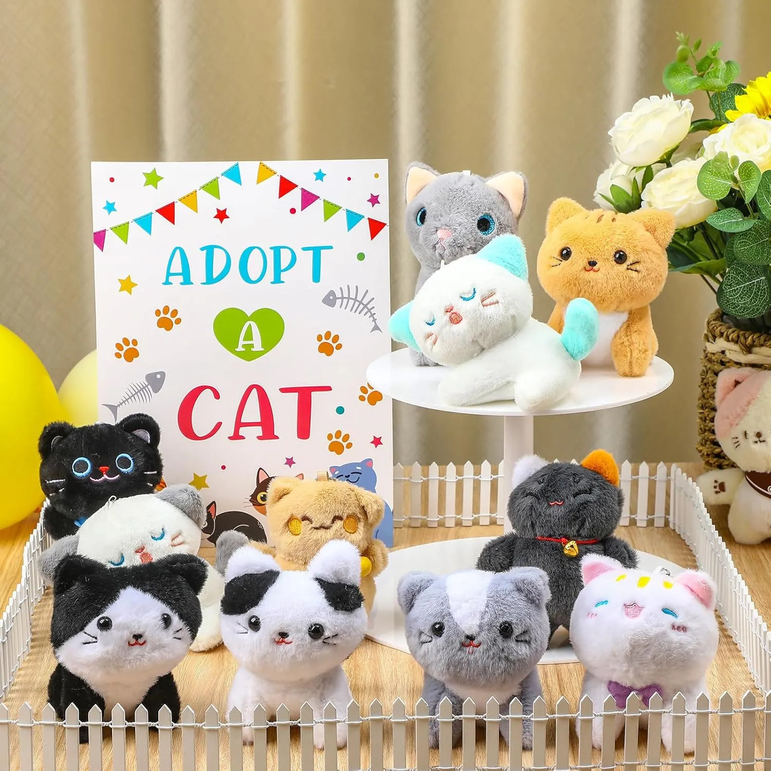 15Pcs Adopt a Pet Cat Party Favors Mini Kitten Stuffed Animals Set Includes12 Small Cat Stuffed Animals 2 White Plastic Fence 1 Sign for Adopt A Pet Party Birthday Gifts