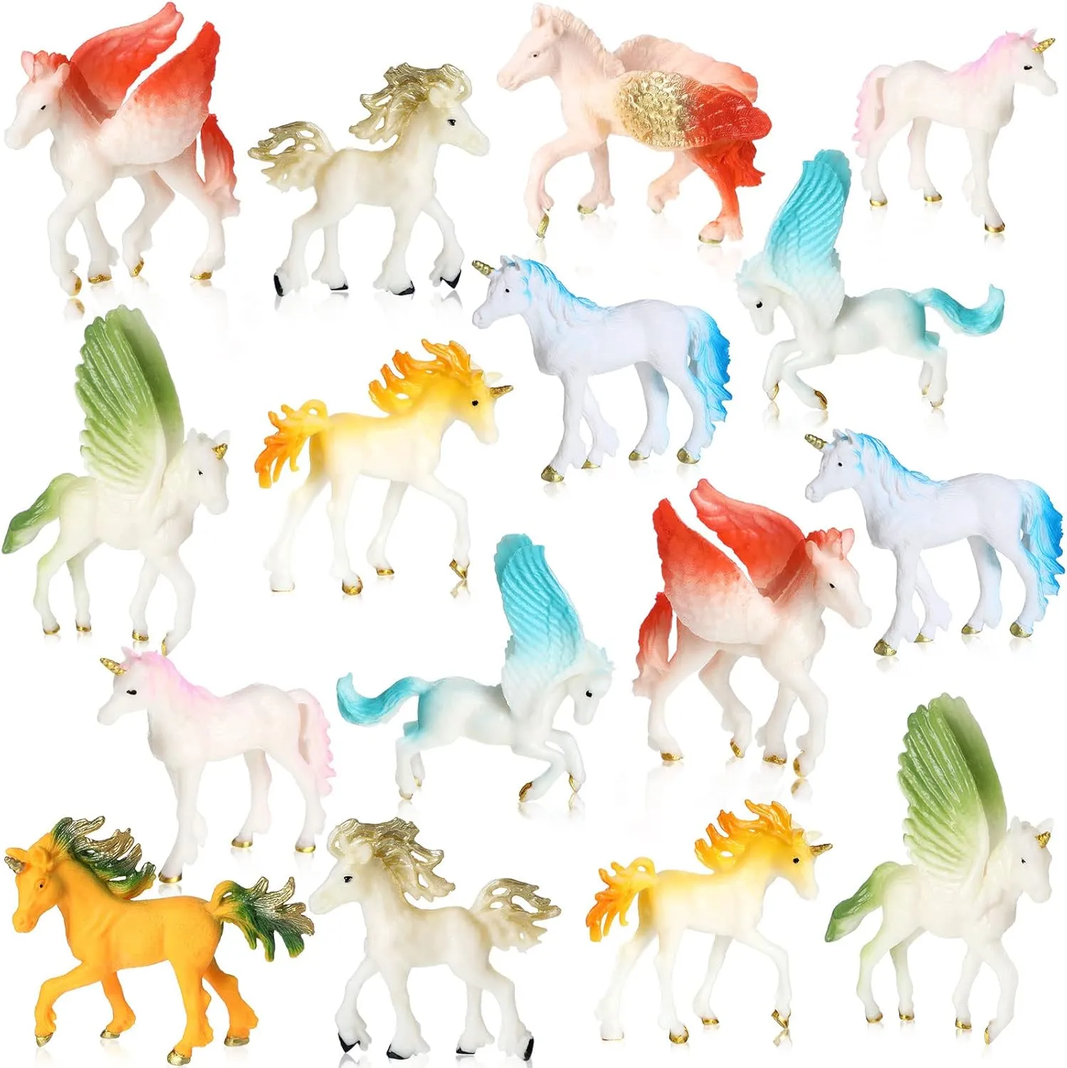 16 Pcs Unicorn Toy Figurine Set Includes 12 Pcs Mini Unicorn Toy Figures Cake Topper Figurines Small Toy Plastic 4 Pcs Flying Horse Toy Figures for Birthday Party Christmas Supplies