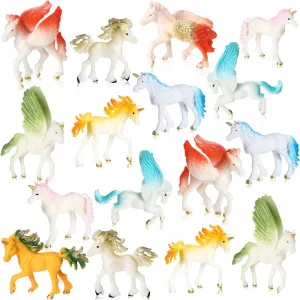16 Pcs Unicorn Toy Figurine Set Includes 12 Pcs Mini Unicorn Toy Figures Cake Topper Figurines Small Toy Plastic 4 Pcs Flying Horse Toy Figures for Birthday Party Christmas Supplies