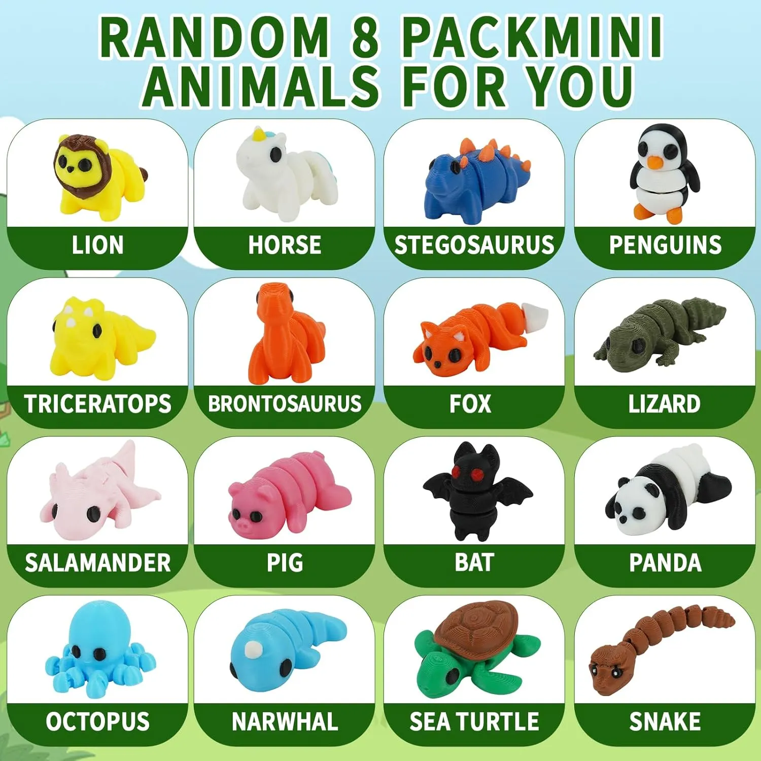 16PCS 3D Printed Animals Funny Gifts Mini Stuff Fun Designs Articulating Figurines Miniatures Mystery Tiny Things