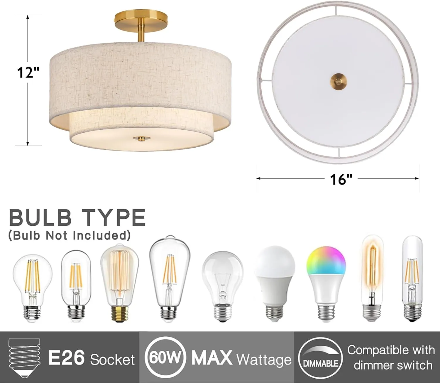 16" Double Drum Gold 3-Light Semi Flush Mount Ceiling Light, Classic Fabric Linen Shade Design for Living Room, Bedroom, Kitchen, Dining Room, Hallway and Entryway
