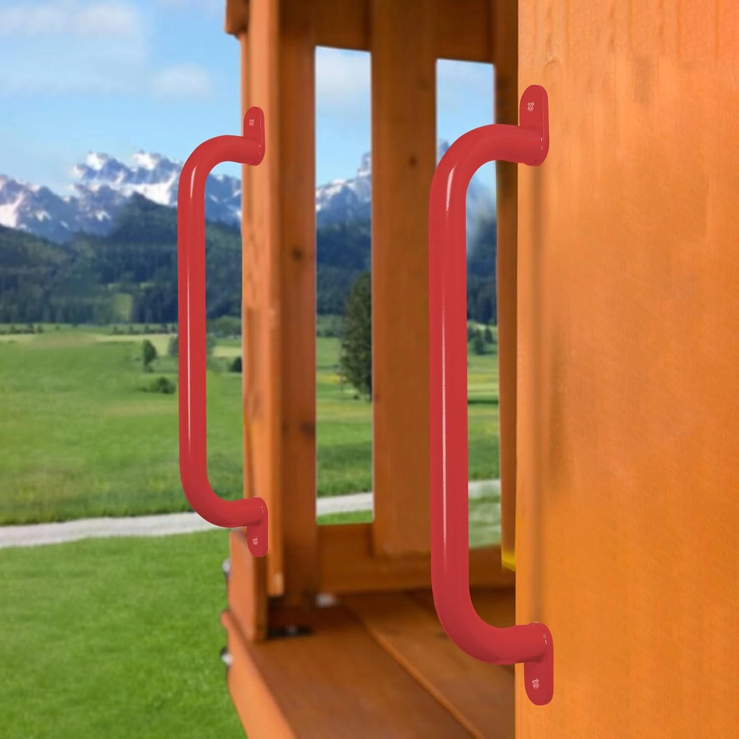 17 Inch 6 Pieces Red Steel Handles for Outdoor Playground Accessories- Swing Set Attachment Grab Bars, Playset Safety Handles, Indoor Monkey Bars for Jungle Gym, Playhouse, Climbing Frame