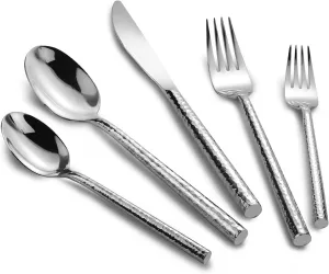18/10 Stainless Steel Flatware Set Hand Forged Silverware Set Cutlery Set Round Hammered Handle Mirror Finished Heavy Duty 20 Pieces Service for 4
