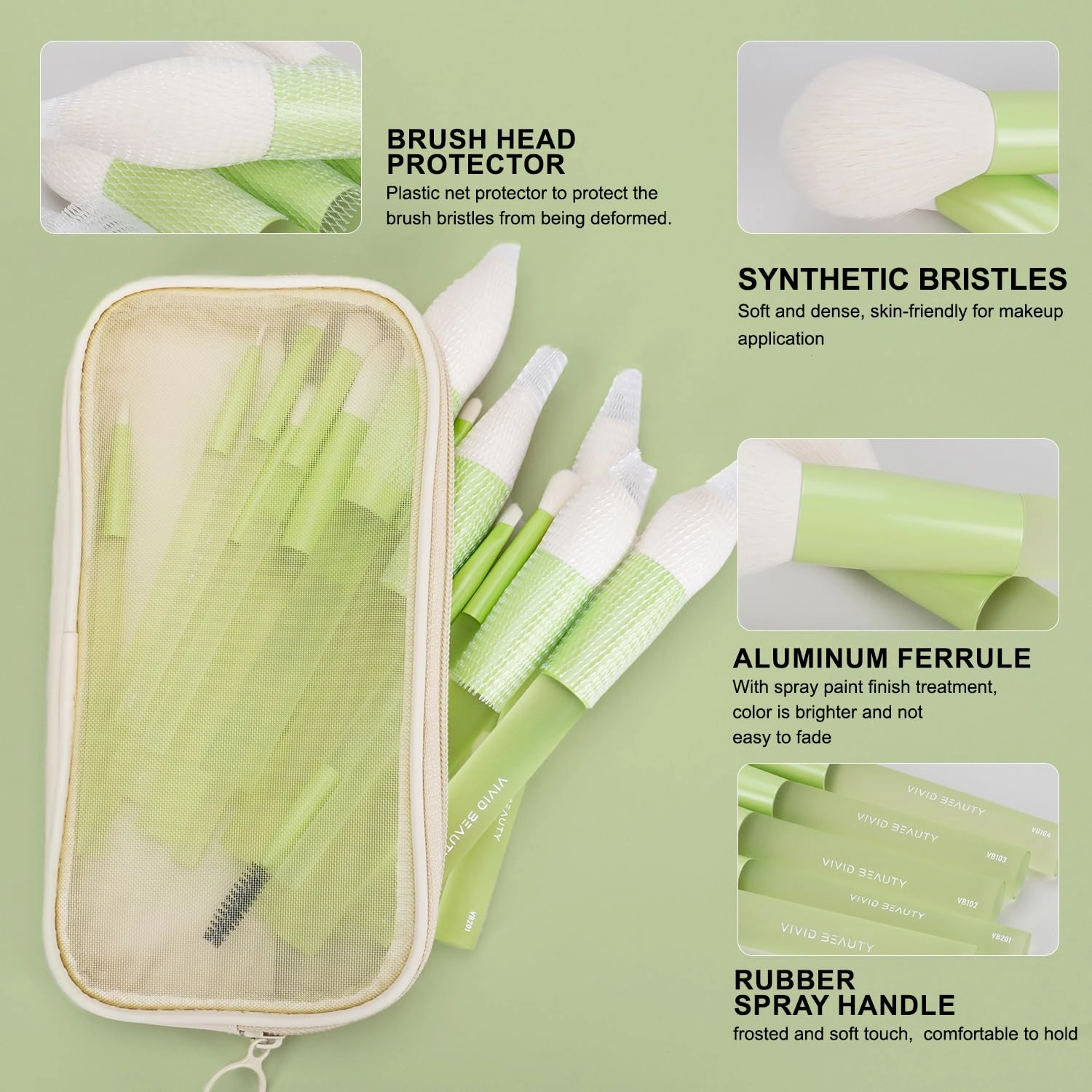 18pcs Colorful Makeup Brush Set with Make up Bag and Sponge Applicators for Liquid Foundation - Professional Cosmetics Tools Blush Blending Blender Brushes Gift Pack (Green)