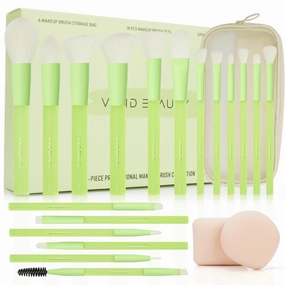 18pcs Colorful Makeup Brush Set with Make up Bag and Sponge Applicators for Liquid Foundation - Professional Cosmetics Tools Blush Blending Blender Brushes Gift Pack (Green)