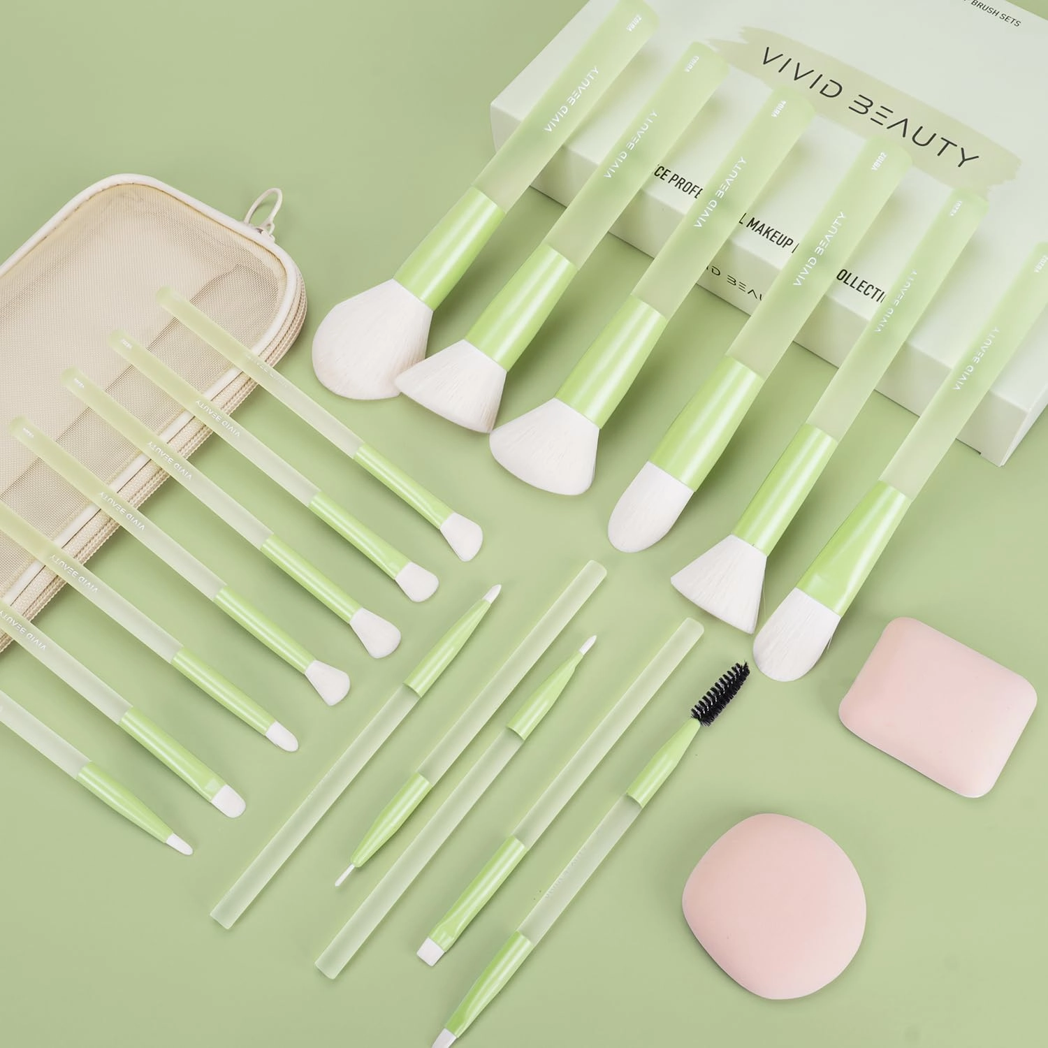18pcs Colorful Makeup Brush Set with Make up Bag and Sponge Applicators for Liquid Foundation - Professional Cosmetics Tools Blush Blending Blender Brushes Gift Pack (Green)