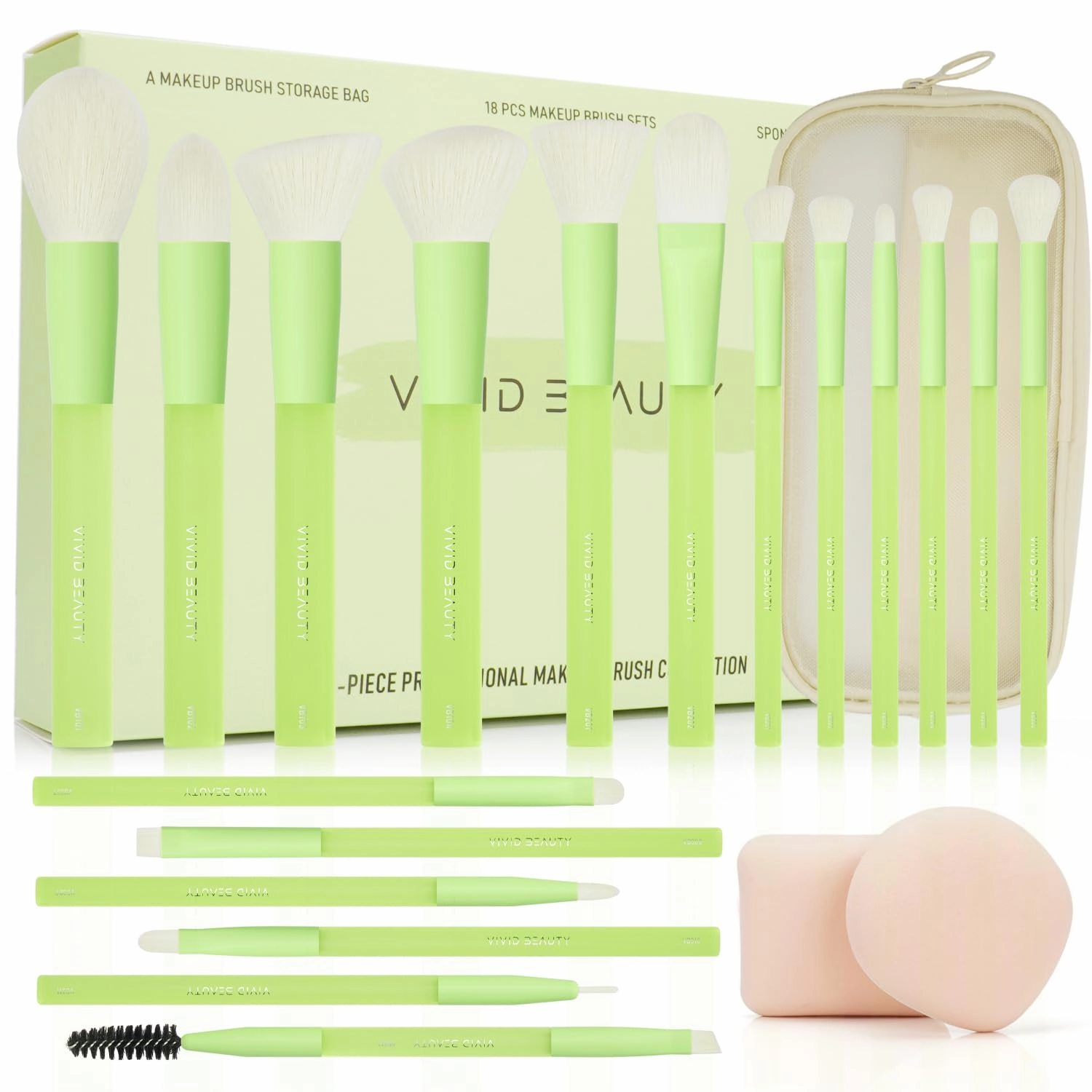 18pcs Colorful Makeup Brush Set with Make up Bag and Sponge Applicators for Liquid Foundation - Professional Cosmetics Tools Blush Blending Blender Brushes Gift Pack (Green)